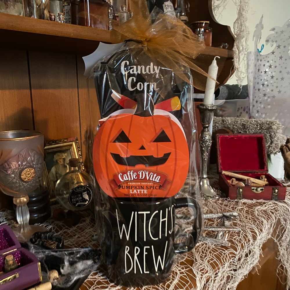 Witch's Brew Mug with Coffee and Candy.